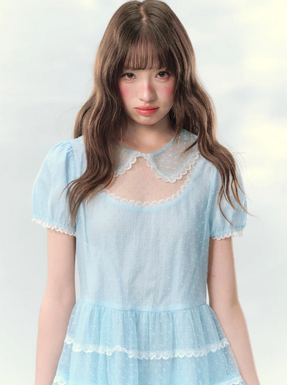 “Ice Blue Polka Dream” Blue Polka Dot Tiered Mini Dress