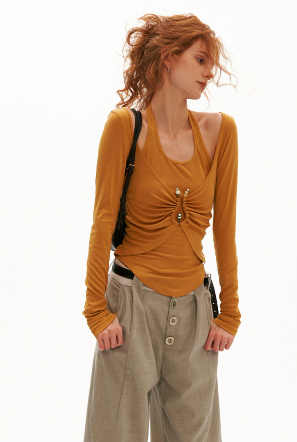 MAMC - Tencel Halter Ruched Layered Top (Red / Orange)