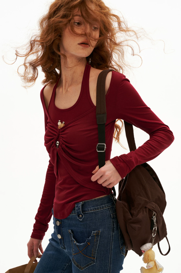 MAMC - Tencel Halter Ruched Layered Top (Red / Orange)