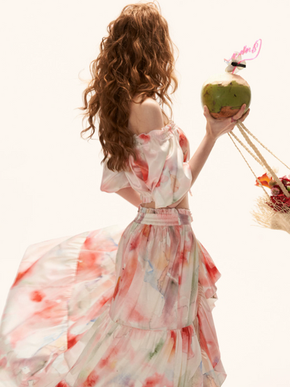 "Watercolor Fruit Mood" Off-Shoulder Top & Ruffle Skirt Set WE945