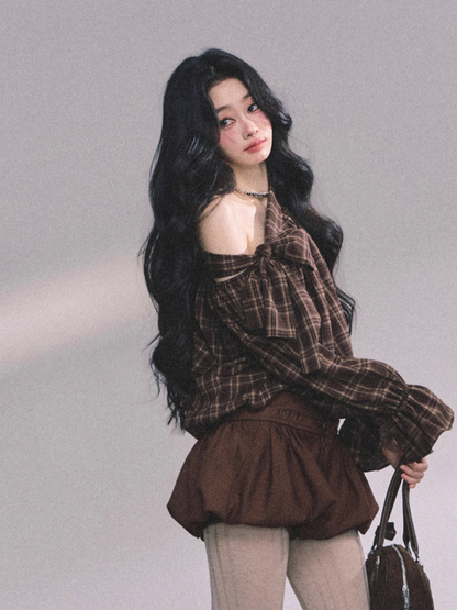 少也眼 Luxe Leeds Loose Fit Off-Shoulder Slimming Plaid Shirt