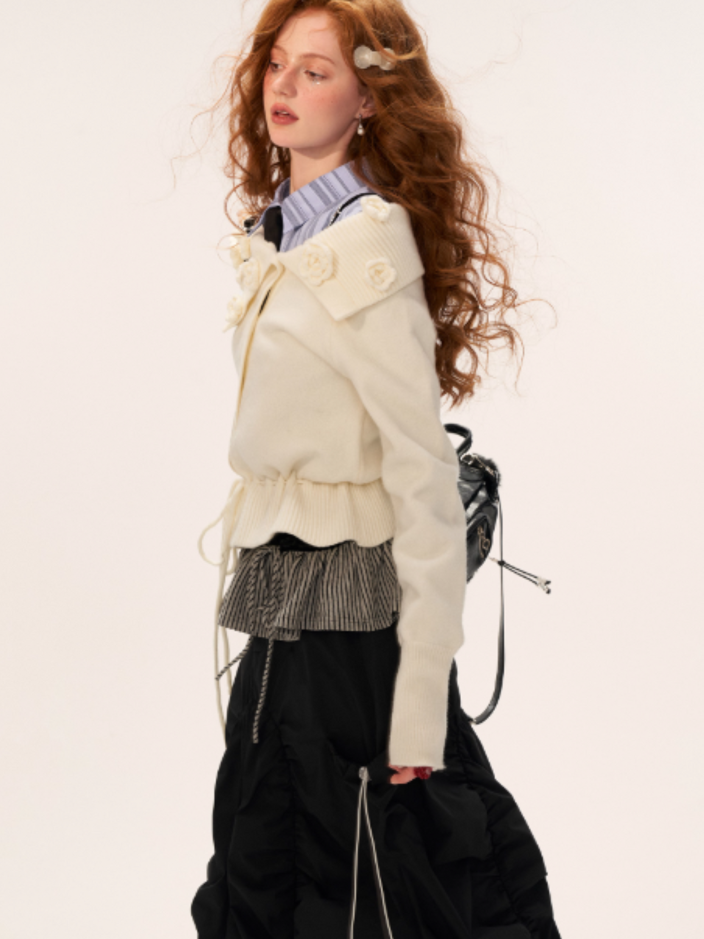 MAMC - Off-Shoulder Rose Button Knit Cardigan (Classic White)