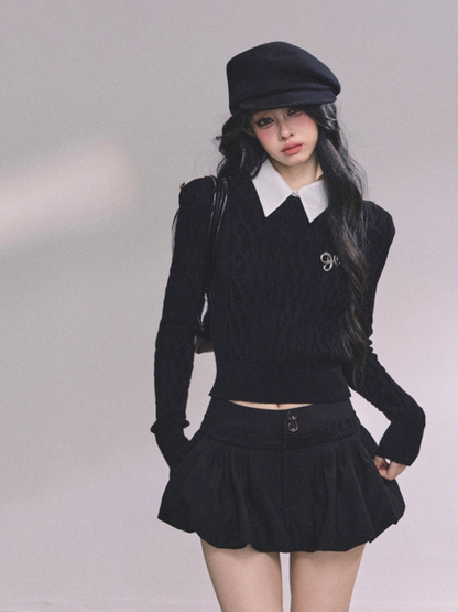 少也眼 Elegant Aesthetic Faux Two-Piece Long Sleeve Knit Sweater