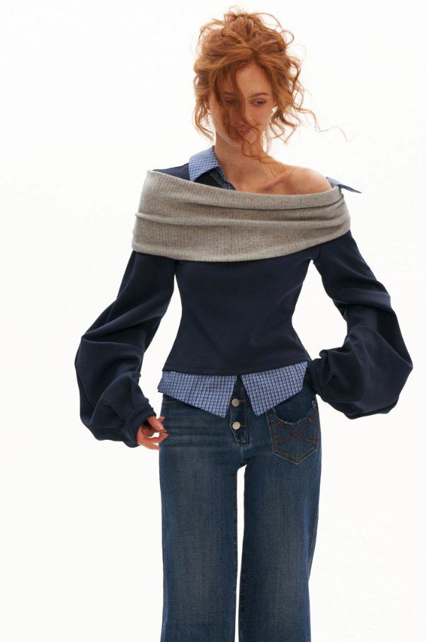 MAMC - Deconstructed Gingham Sweatshirt with Off-Shoulder Ruched Detail