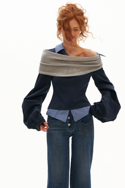 MAMC - Deconstructed Gingham Sweatshirt with Off-Shoulder Ruched Detail