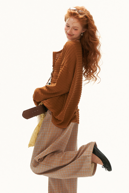MAMC - Brown Textured Sheer Henley Long Sleeve Top