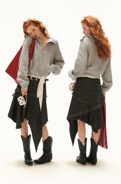MAMC - Gray Textured Knit Cropped Jacket with Adjustable Snap Collar