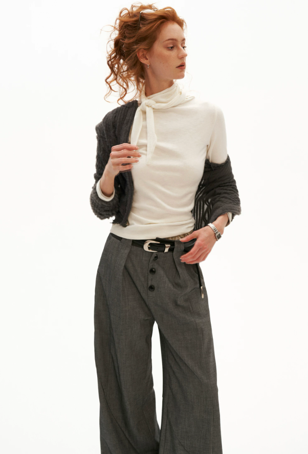 MAMC - Soft Wrap-Tie Fitted Long-Sleeve Top (Red / Black / White / Gray)