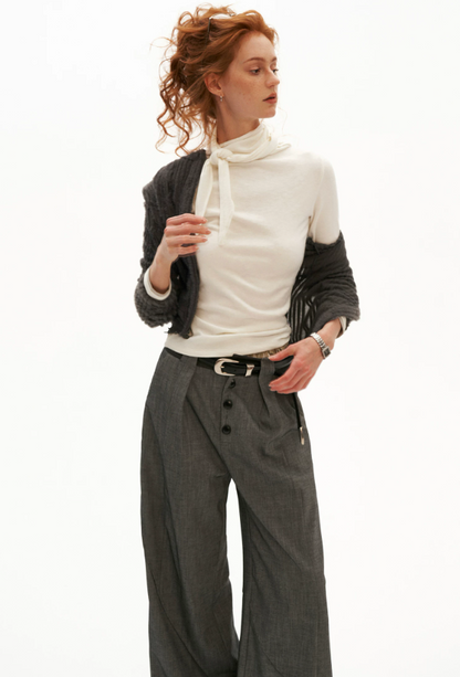 MAMC - Soft Wrap-Tie Fitted Long-Sleeve Top (Red / Black / White / Gray)