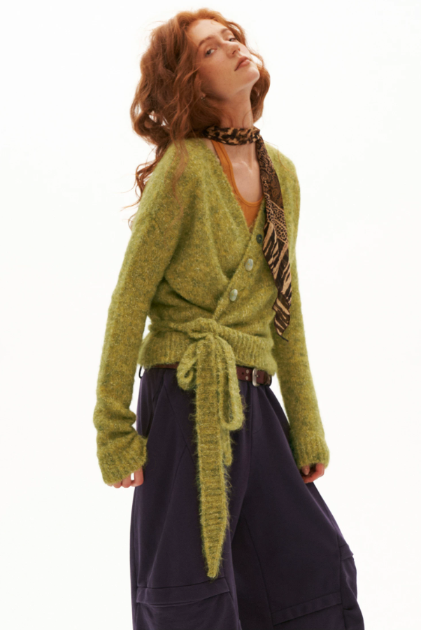 MAMC - Green Textured Cross-Tie Waist Knit Sweater