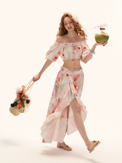 "Watercolor Fruit Mood" Off-Shoulder Top & Ruffle Skirt Set WE945