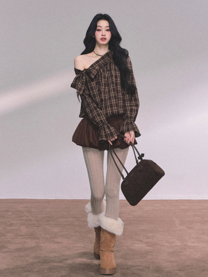少也眼 Luxe Leeds Loose Fit Off-Shoulder Slimming Plaid Shirt