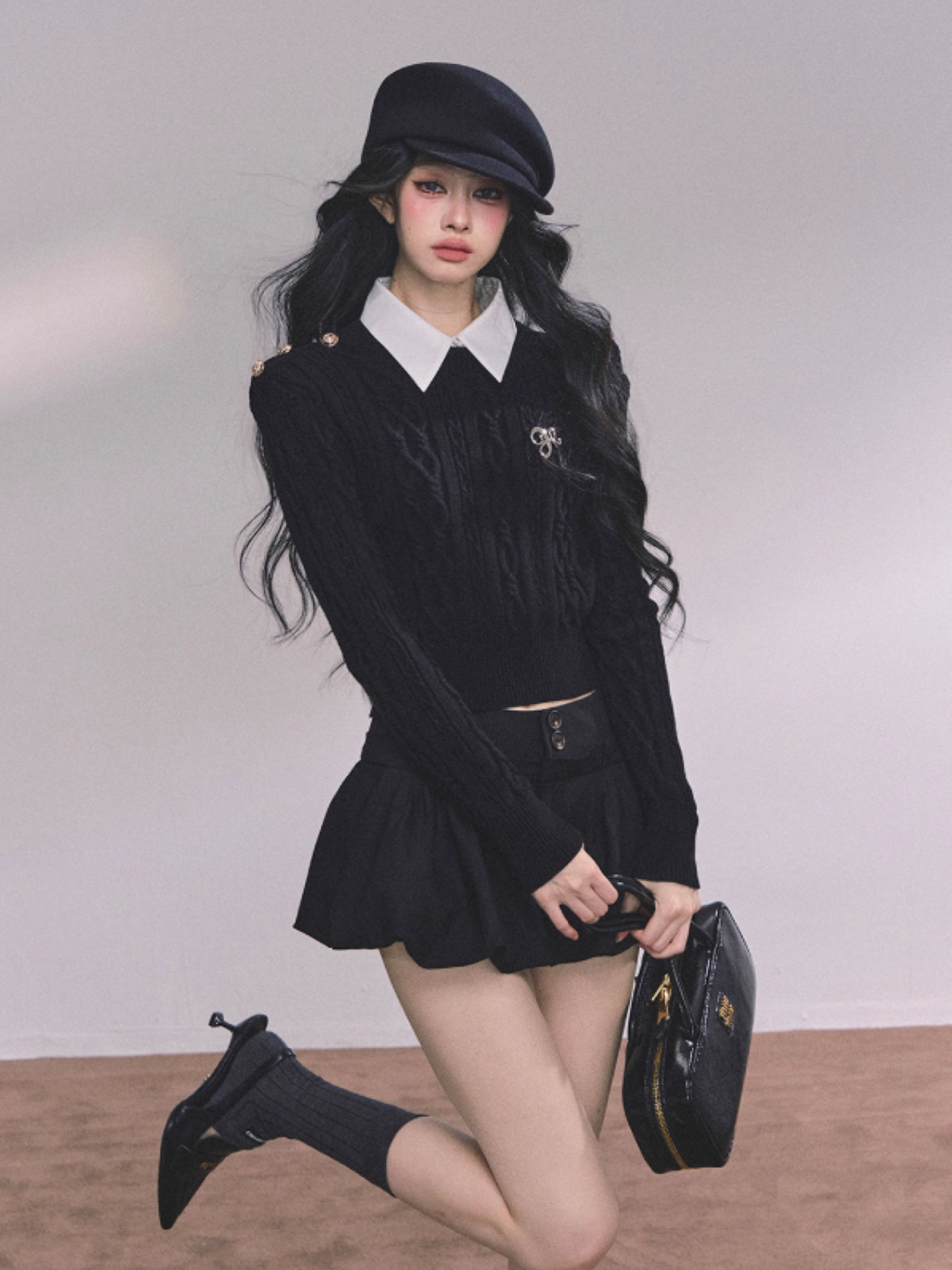 少也眼 Elegant Aesthetic Faux Two-Piece Long Sleeve Knit Sweater