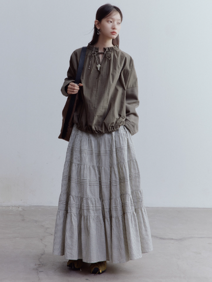 FUSSED Gray-Brown Green Reversible Patchwork Pullover Top FOF-25SS144a