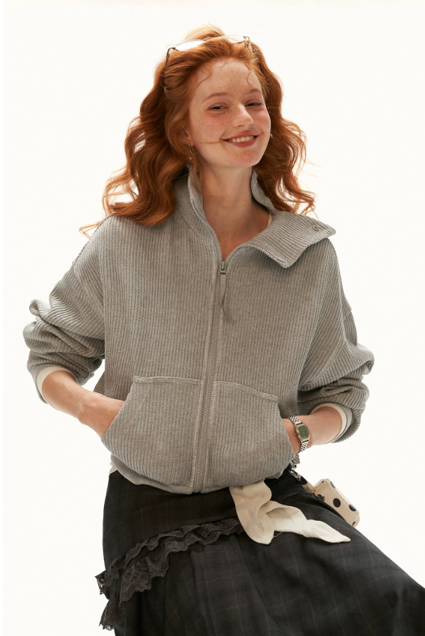 MAMC - Gray Textured Knit Cropped Jacket with Adjustable Snap Collar