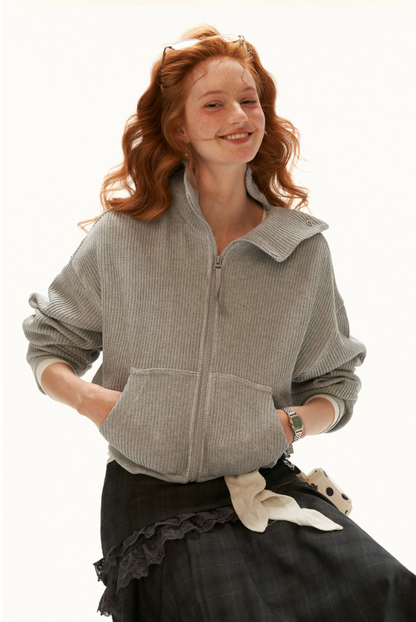 MAMC - Gray Textured Knit Cropped Jacket with Adjustable Snap Collar