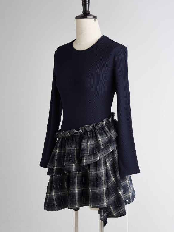 FUSSED Asymmetrical Layered Plaid Dress – Midnight Blue FOF-25AW215