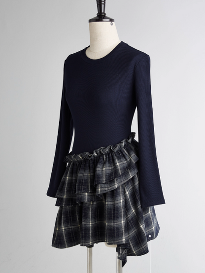 FUSSED Asymmetrical Layered Plaid Dress – Midnight Blue FOF-25AW215