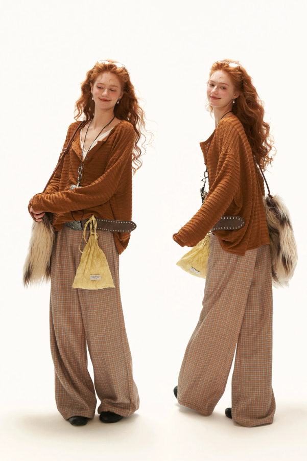 MAMC - Brown Textured Sheer Henley Long Sleeve Top