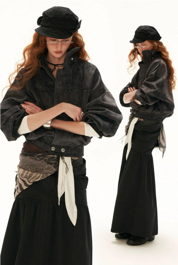MAMC - Gray Faux-Horsehair Textured Cropped Jacket with Metal Snap Collar