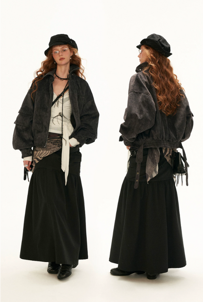 MAMC - Gray Faux-Horsehair Textured Cropped Jacket with Metal Snap Collar