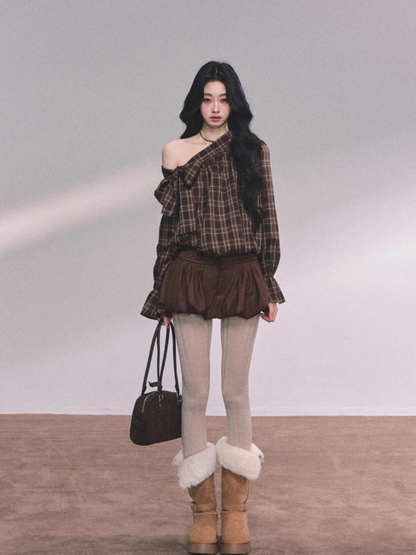 少也眼 Luxe Leeds Loose Fit Off-Shoulder Slimming Plaid Shirt