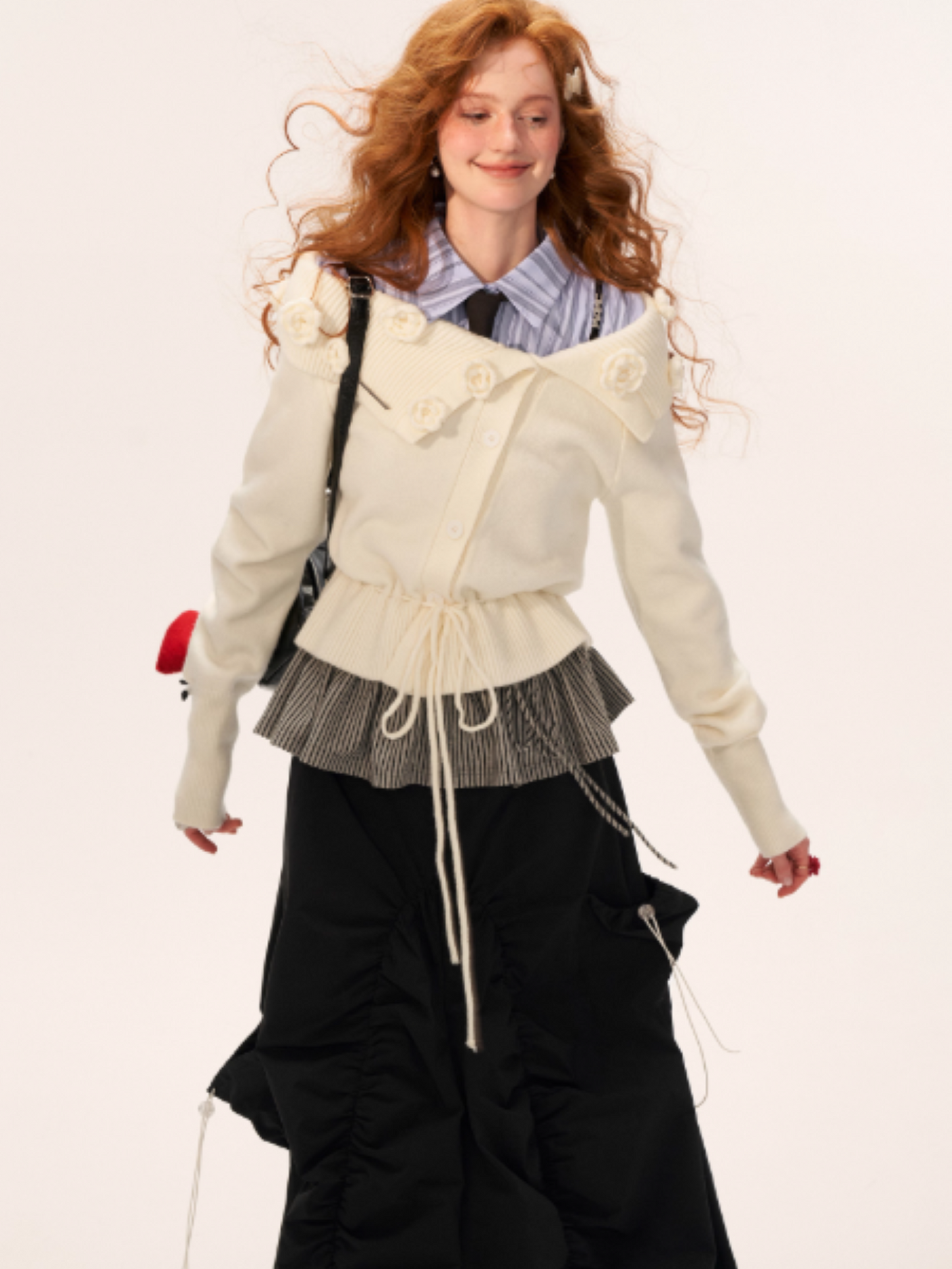 MAMC - Off-Shoulder Rose Button Knit Cardigan (Classic White)