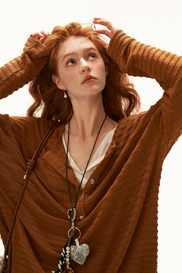 MAMC - Brown Textured Sheer Henley Long Sleeve Top