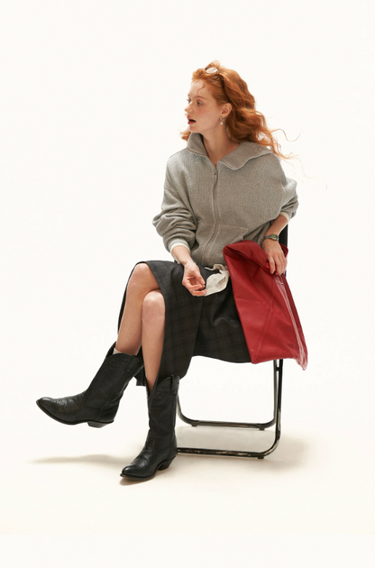 MAMC - Gray Textured Knit Cropped Jacket with Adjustable Snap Collar