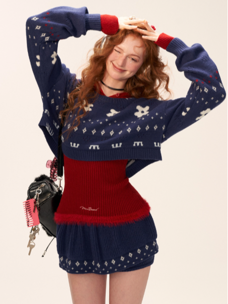Star & Floral Knit Crop Sweater + Skort Set WE770 (Midnight Navy)