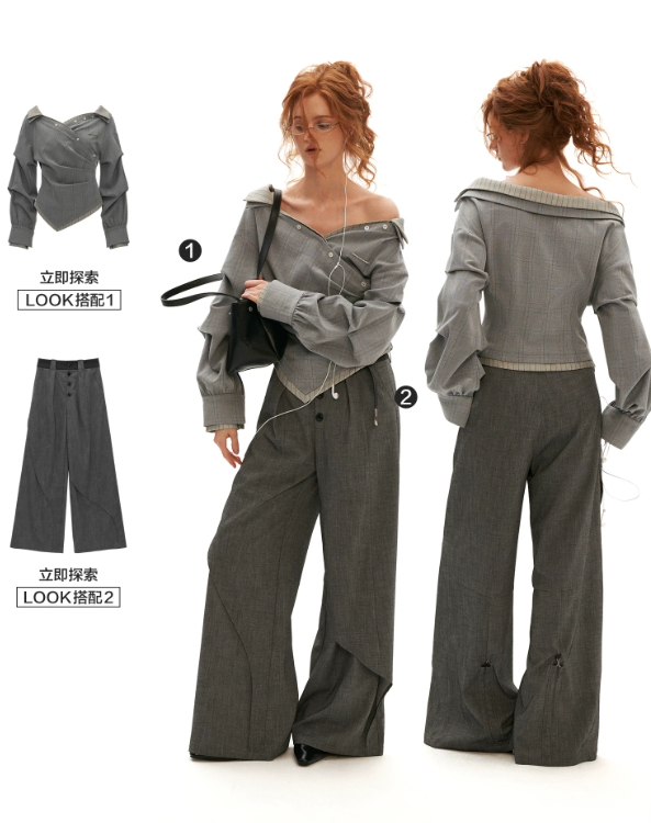 MAMC - Gray Textured Plaid Off-Shoulder Wrap Shirt