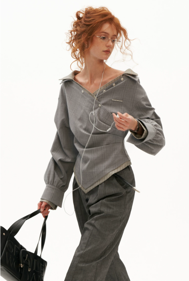 MAMC - Gray Textured Plaid Off-Shoulder Wrap Shirt