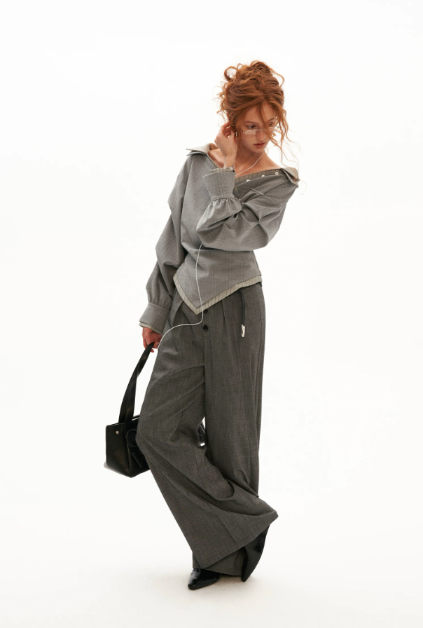 MAMC - Gray Textured Plaid Off-Shoulder Wrap Shirt