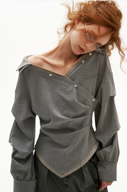 MAMC - Gray Textured Plaid Off-Shoulder Wrap Shirt