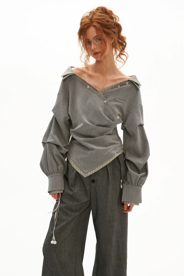 MAMC - Gray Textured Plaid Off-Shoulder Wrap Shirt