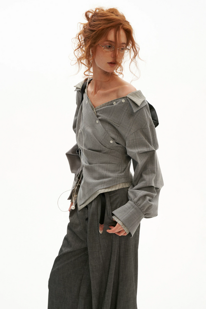 MAMC - Gray Textured Plaid Off-Shoulder Wrap Shirt