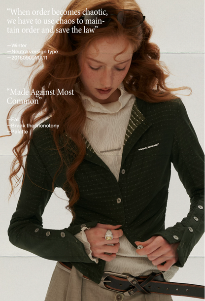 MAMC - Green Textured Jacquard Knit Cardigan with Decorative Buttons