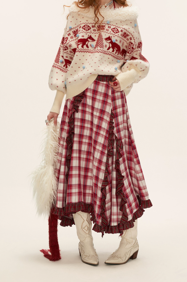 MAMC - Asymmetrical Plaid Maxi Skirt with Ruffle Hem (Red)