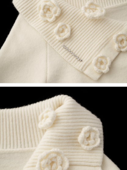 MAMC - Off-Shoulder Rose Button Knit Cardigan (Classic White)