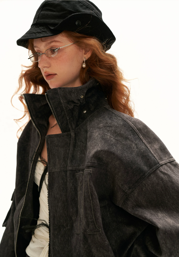 MAMC - Gray Faux-Horsehair Textured Cropped Jacket with Metal Snap Collar