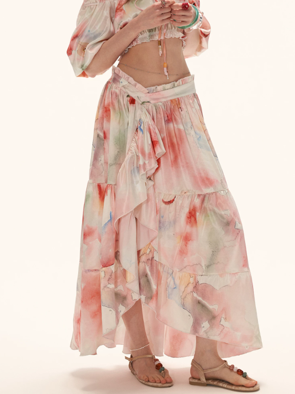 "Watercolor Fruit Mood" Off-Shoulder Top & Ruffle Skirt Set WE945