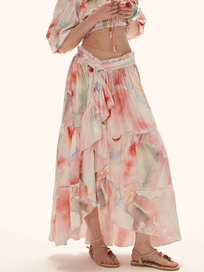 "Watercolor Fruit Mood" Off-Shoulder Top & Ruffle Skirt Set WE945