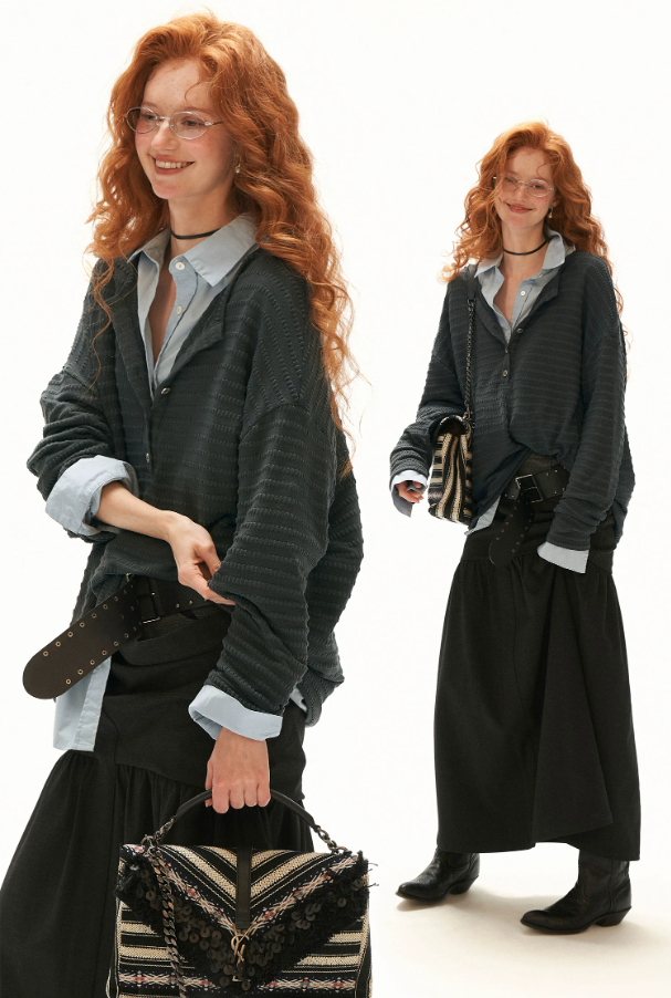 MAMC - Gray Textured Sheer Henley Long Sleeve Top