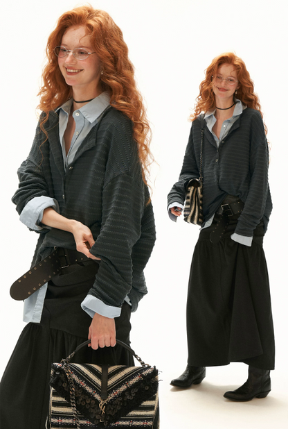 MAMC - Gray Textured Sheer Henley Long Sleeve Top