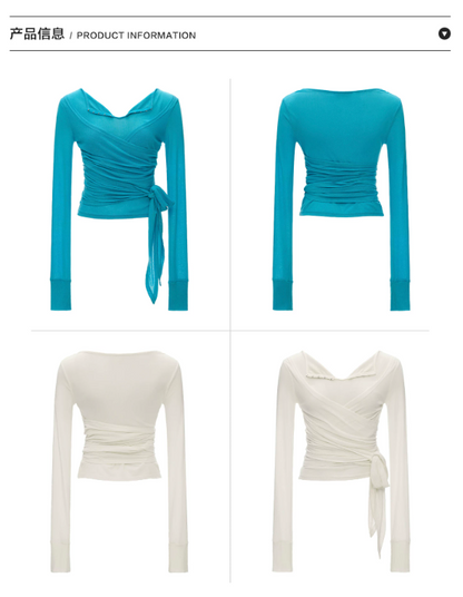 MAMC - Cloud Knit Wrap Top with Crossover Ties and Metal Claw Detail (Blue / White)