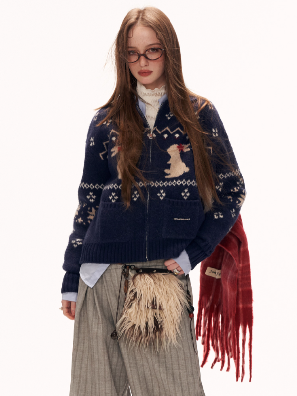 MAMC - Cozy Snowflake Bunny Knit Cardigan – Blue WE873