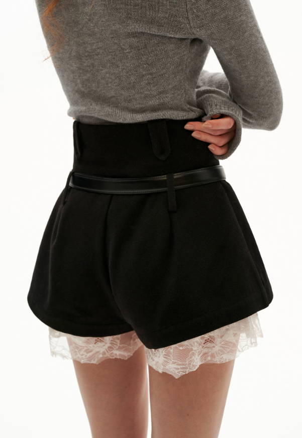MAMC - Black Wool-Blend Lace-Trim A-Line Tailored Shorts