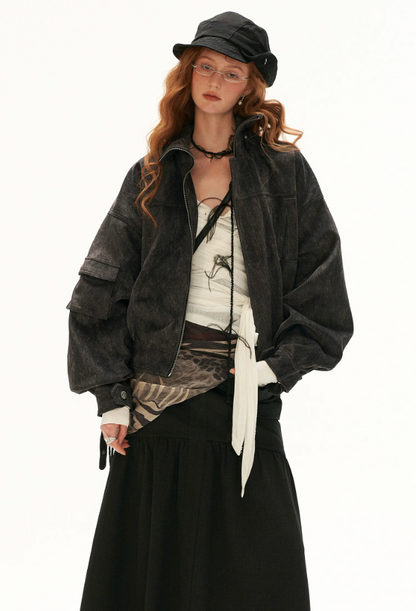 MAMC - Gray Faux-Horsehair Textured Cropped Jacket with Metal Snap Collar