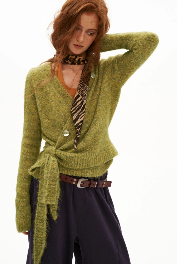 MAMC - Green Textured Cross-Tie Waist Knit Sweater