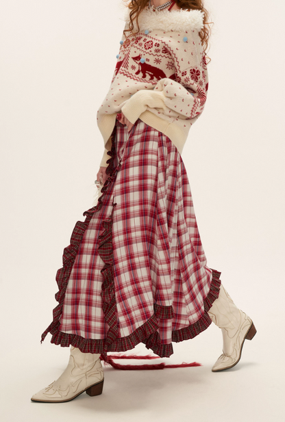 MAMC - Asymmetrical Plaid Maxi Skirt with Ruffle Hem (Red)